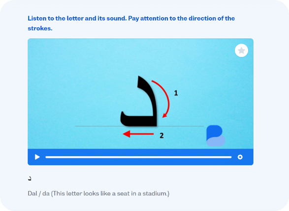 On Busuu, we use images to help you remember the shapes of Arabic characters, and what sound they correspond to