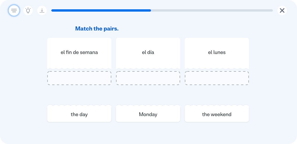 Busuu lesson showing Spanish days of the week exercise